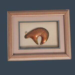 Zuni Inspired Fetish Bear Copper Brass Metal Sculpture Framed Signed